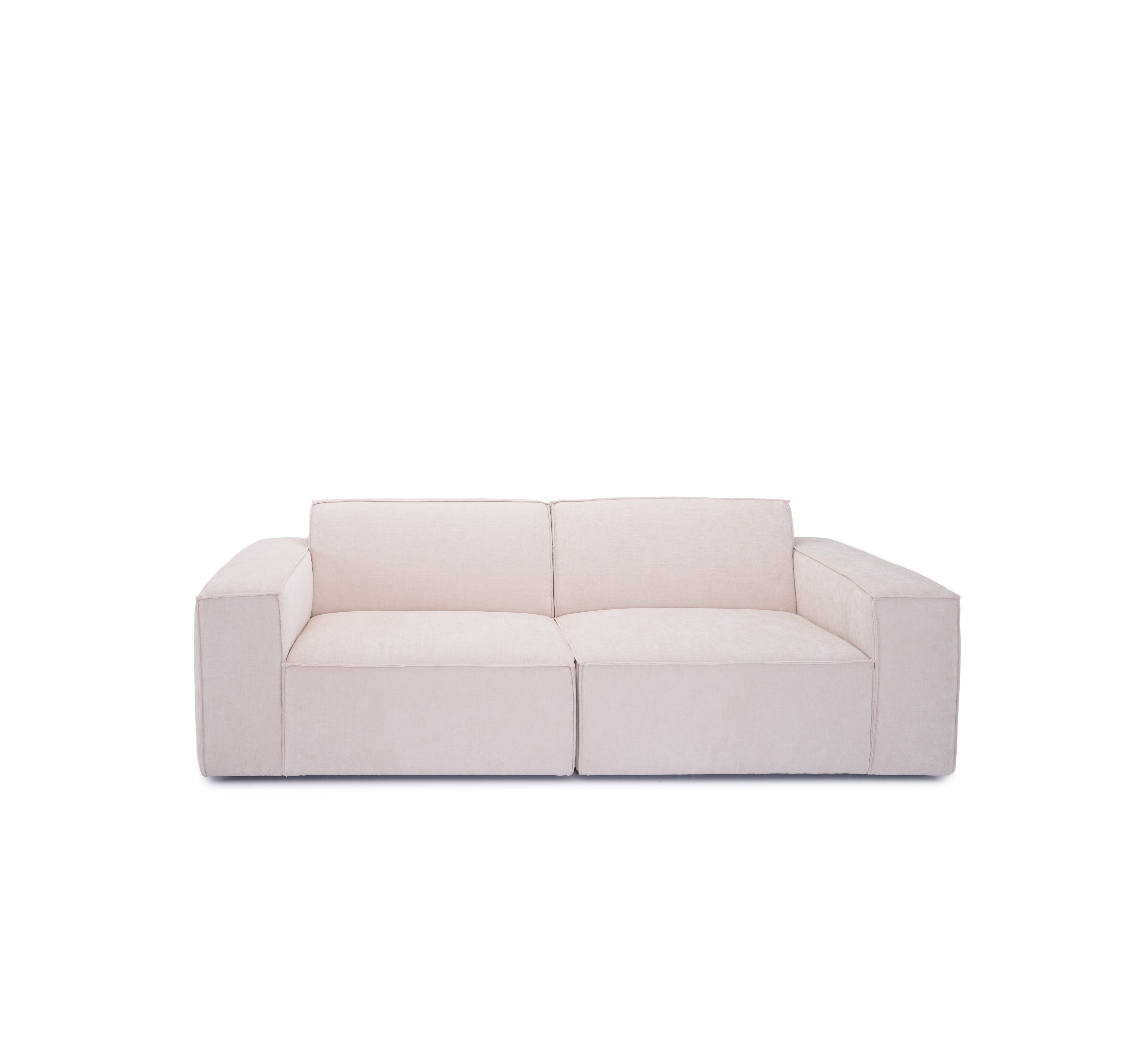 Canapé droit Gabrielle en tissu chenille beige Paname Avenue, vue de face sur fond blanc