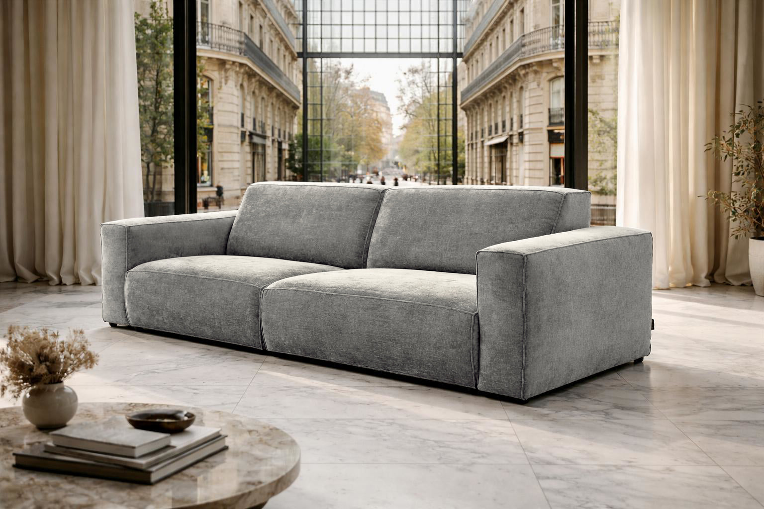 Canapé droit Pyramides en tissu chenille gris Paname Avenue, dans un décor inspire au quartier parisien