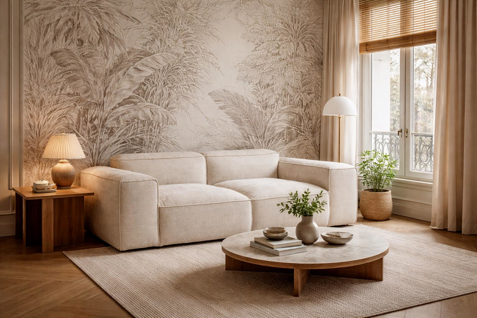 Canapé droit Lacépède de Paname Avenue dans un salon au style naturel chic avec influence japandi et touche tropicale douce.