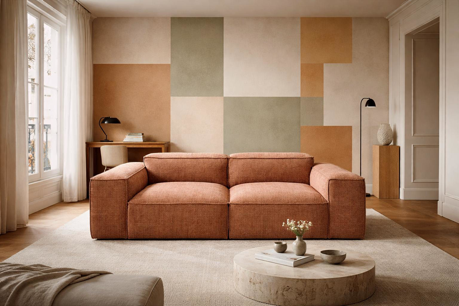 Canapé droit Lacépède de Paname Avenue dans un salon parisien à la palette de couleurs douce et graphique