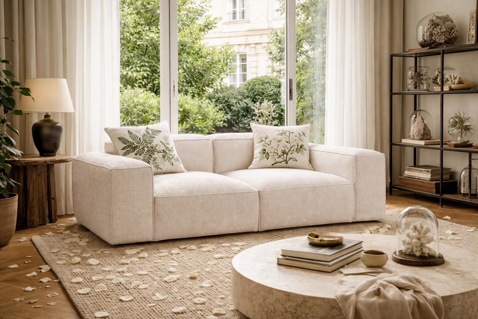 Le canapé droit Lacepède de Paname Avenue dans un salon lumineux avec vue sur jardin, décoration avec table en travertin et coussins à motifs végétaux.