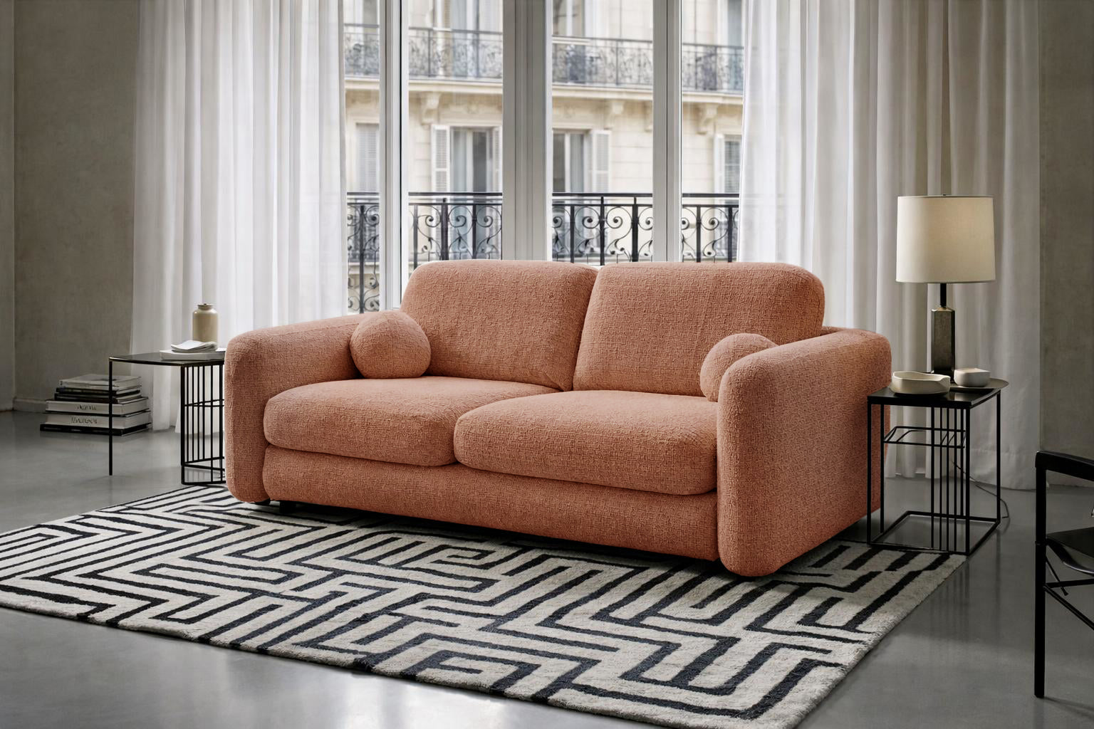 Canapé droit Martel en tissu chenille terracotta Paname Avenue, dans un décor inspire au quartier parisien