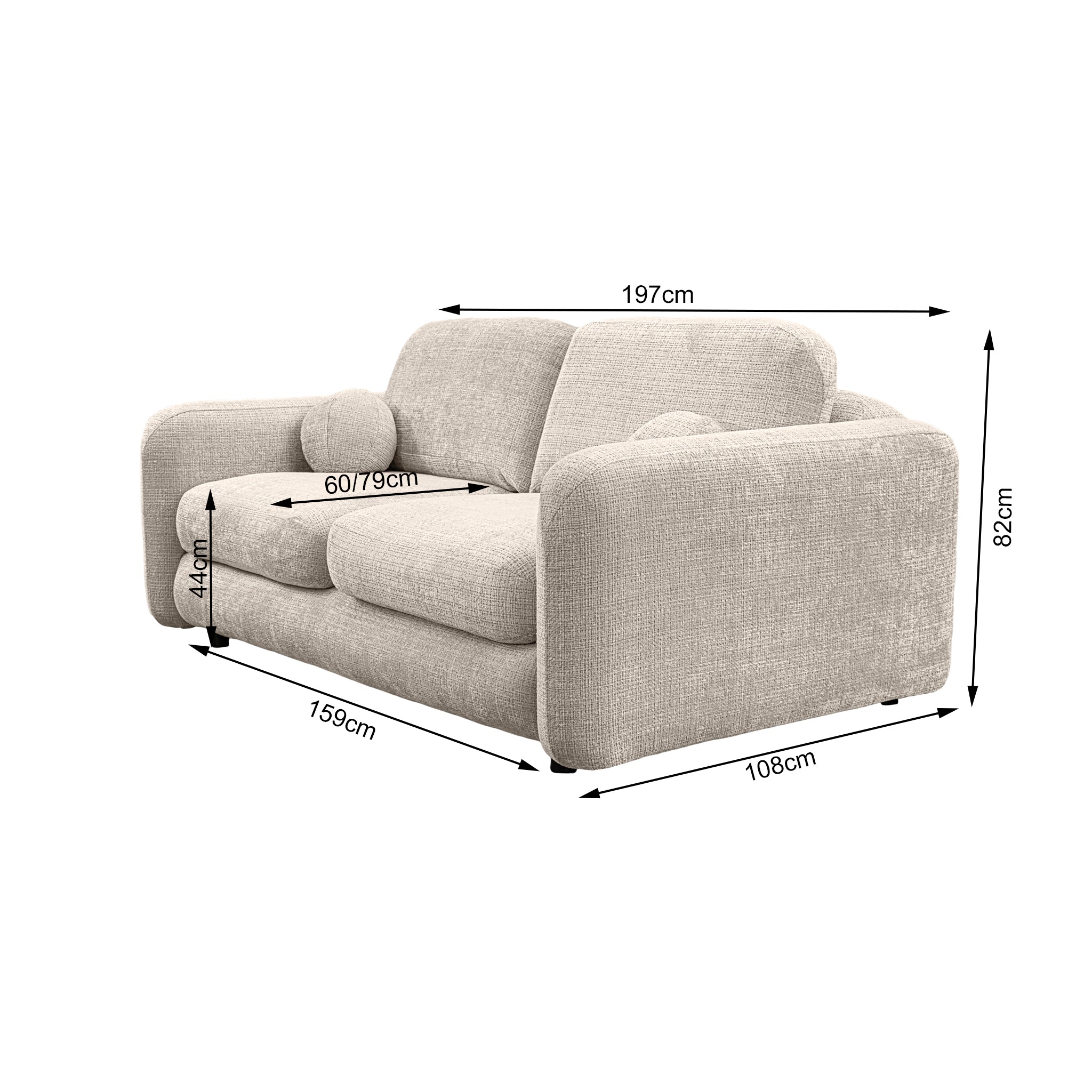 Canapé droit Martel en tissu chenille beige Paname Avenue, schéma des dimensions