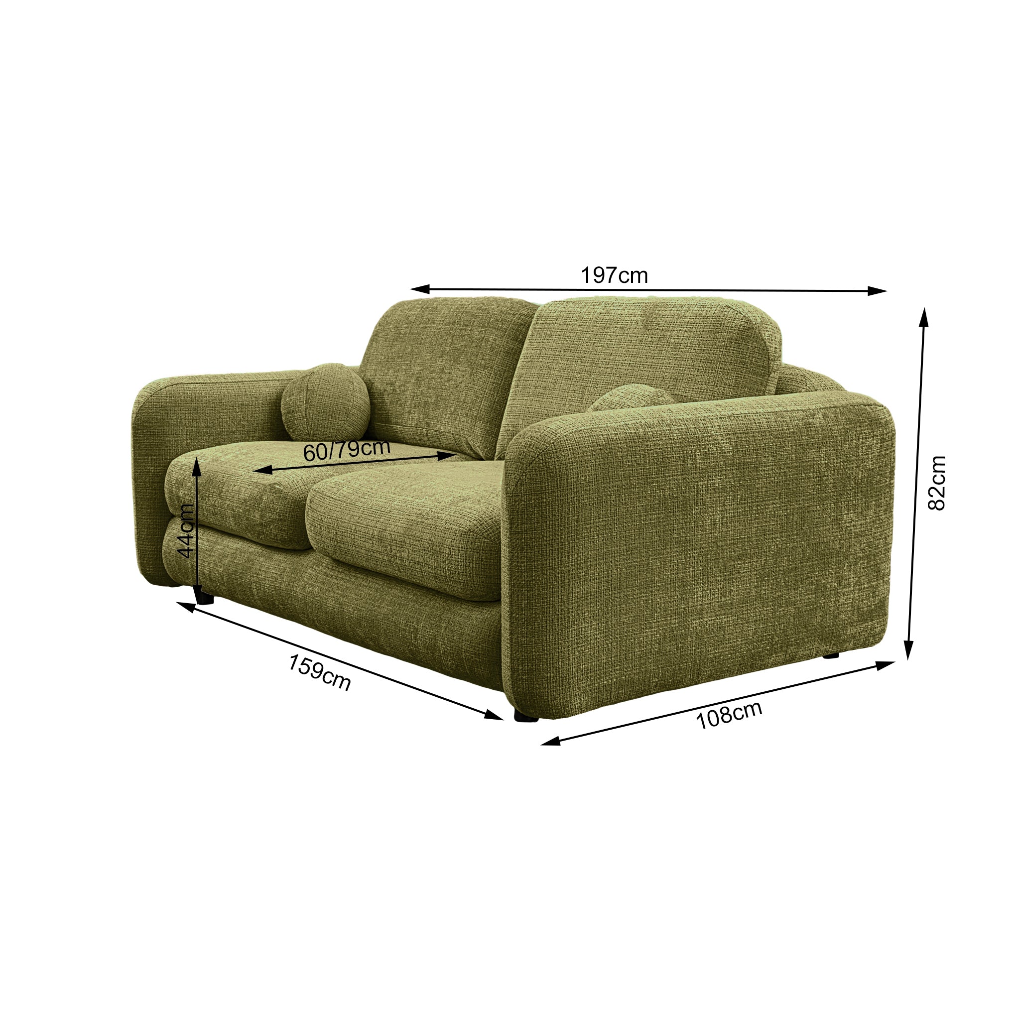 Canapé droit Martel en tissu chenille vert olive Paname Avenue, schéma des dimensions