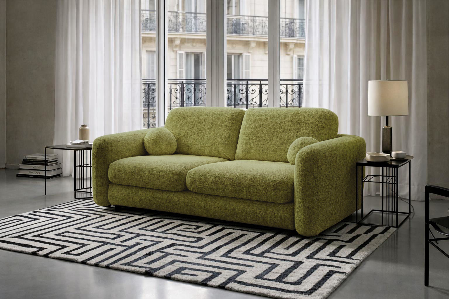 Canapé droit Martel en tissu chenille vert olive Paname Avenue, dans un décor inspire au quartier parisien