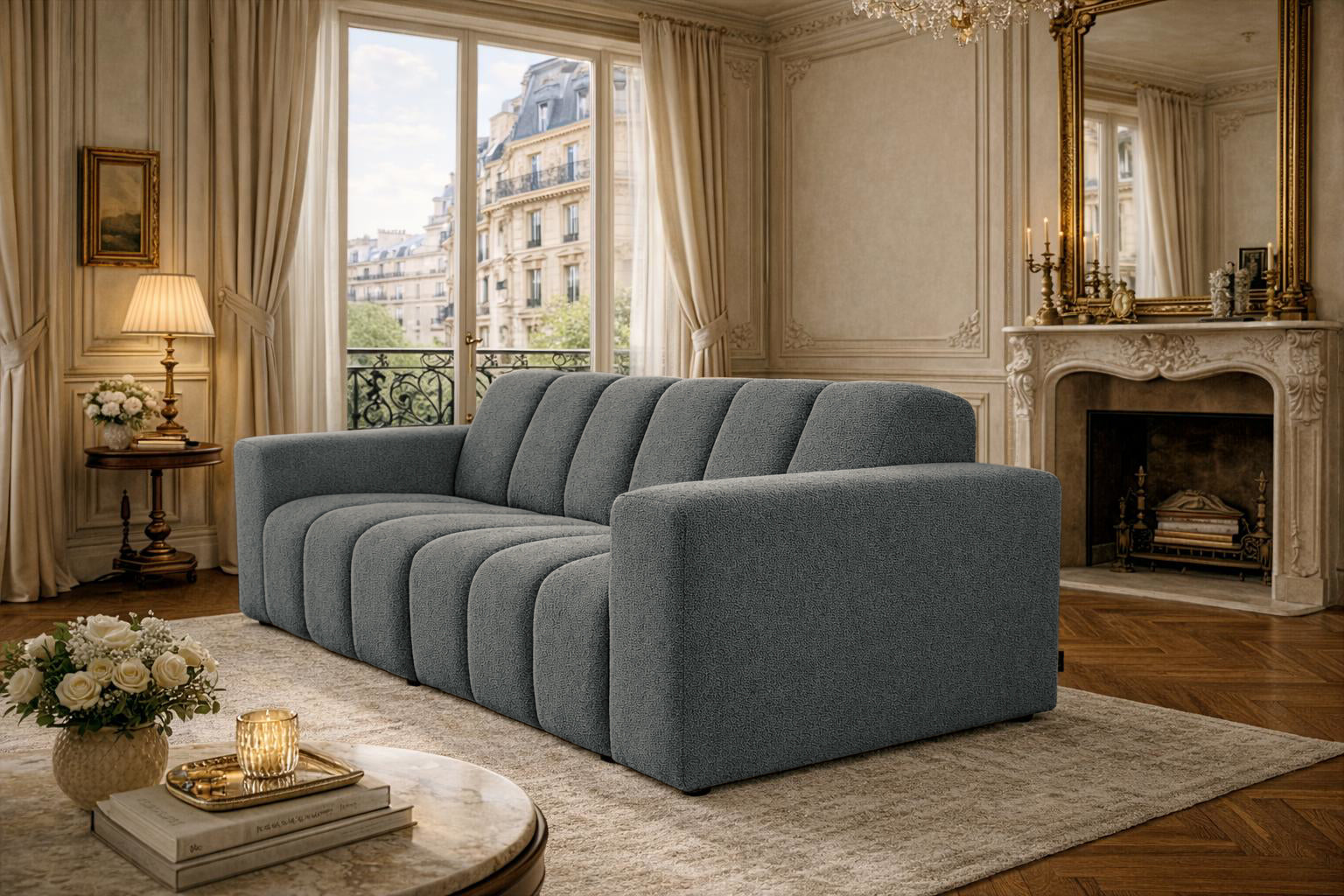 Canapé droit Mazarine en tissu bouclette anthracite Paname Avenue, dans un décor inspire au quartier parisien