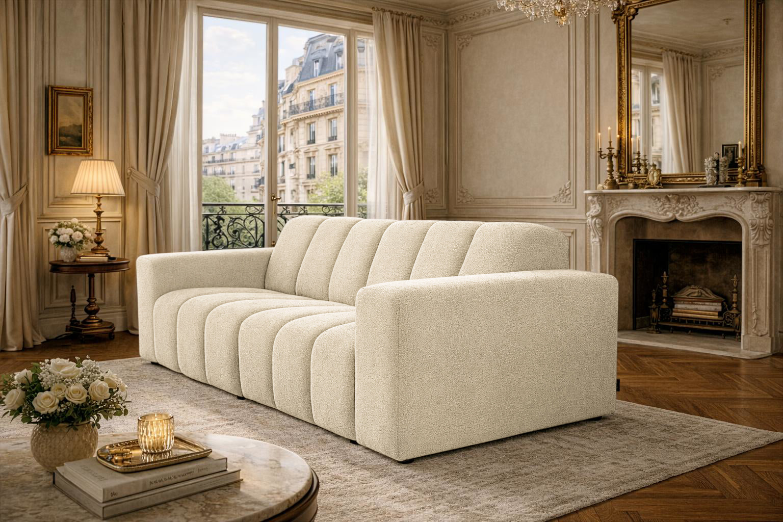Canapé droit Mazarine en tissu bouclette beige Paname Avenue, dans un décor inspire au quartier parisien