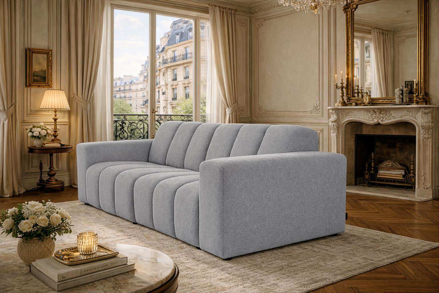Canapé droit Mazarine en tissu bouclette gris Paname Avenue, dans un décor inspire au quartier parisien