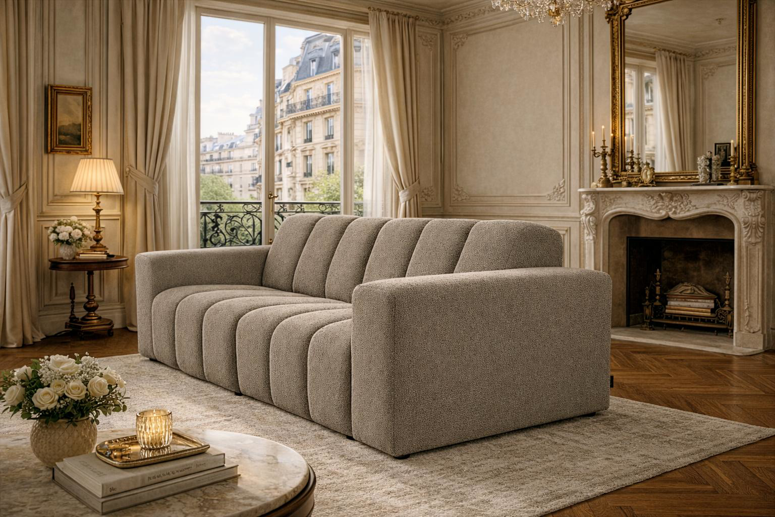 Canapé droit Mazarine en tissu bouclette taupe Paname Avenue, dans un décor inspire au quartier parisien