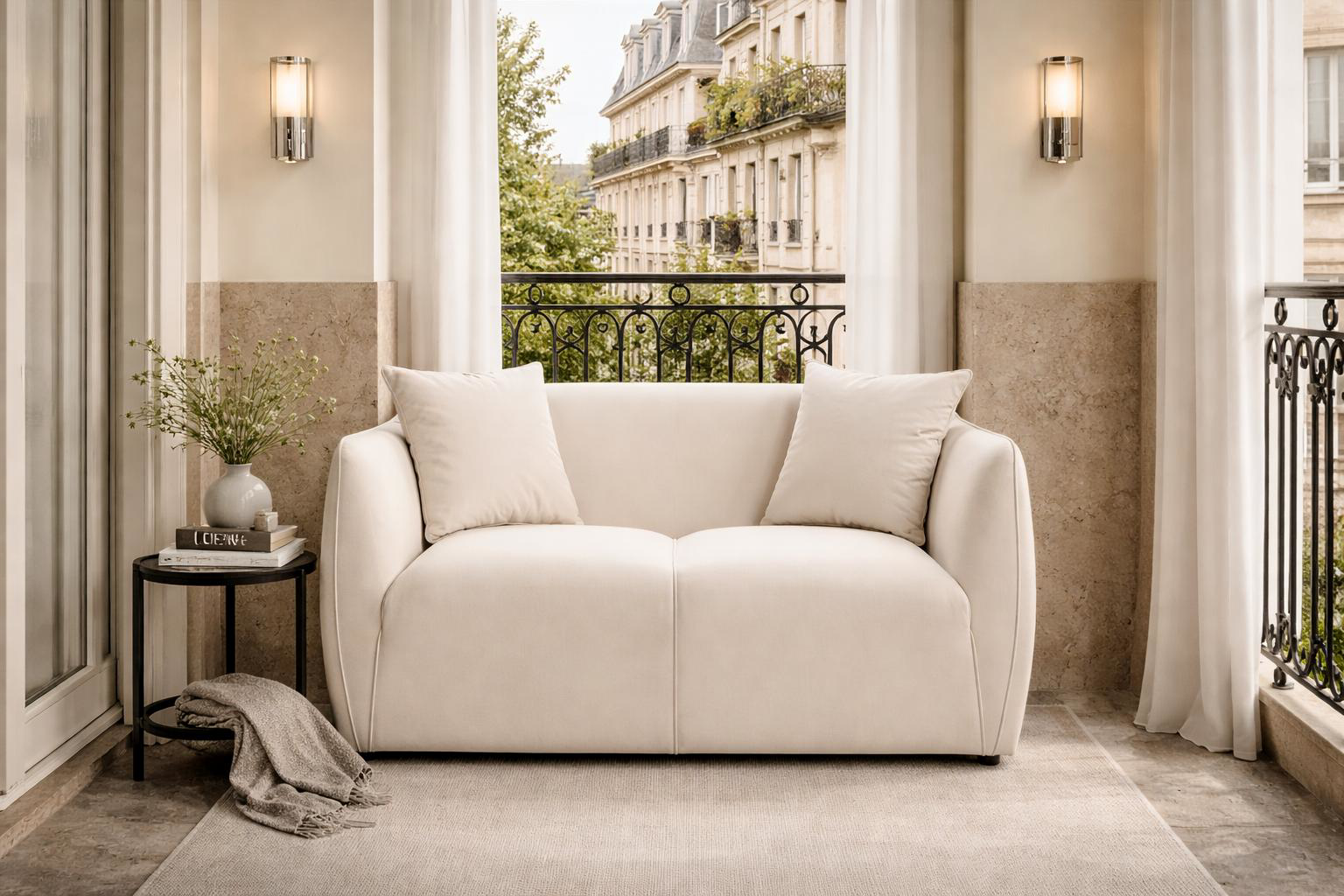 Canapé droit Meslay en tissu velours lisse beige Paname Avenue, dans un décor inspire au quartier parisien