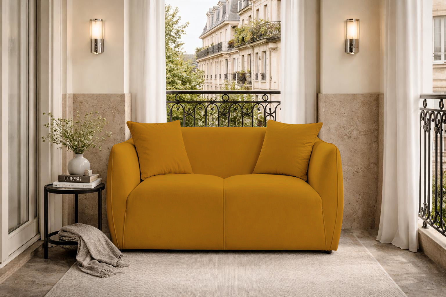 Canapé droit Meslay en tissu velours lisse jaune Paname Avenue, dans un décor inspire au quartier parisien