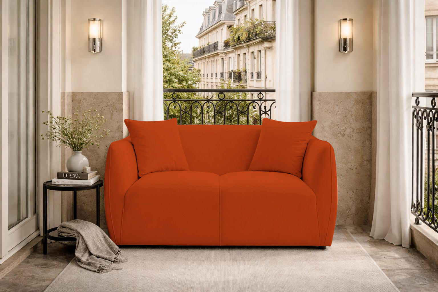Canapé droit Meslay en tissu velours lisse terracotta Paname Avenue, dans un décor inspire au quartier parisien