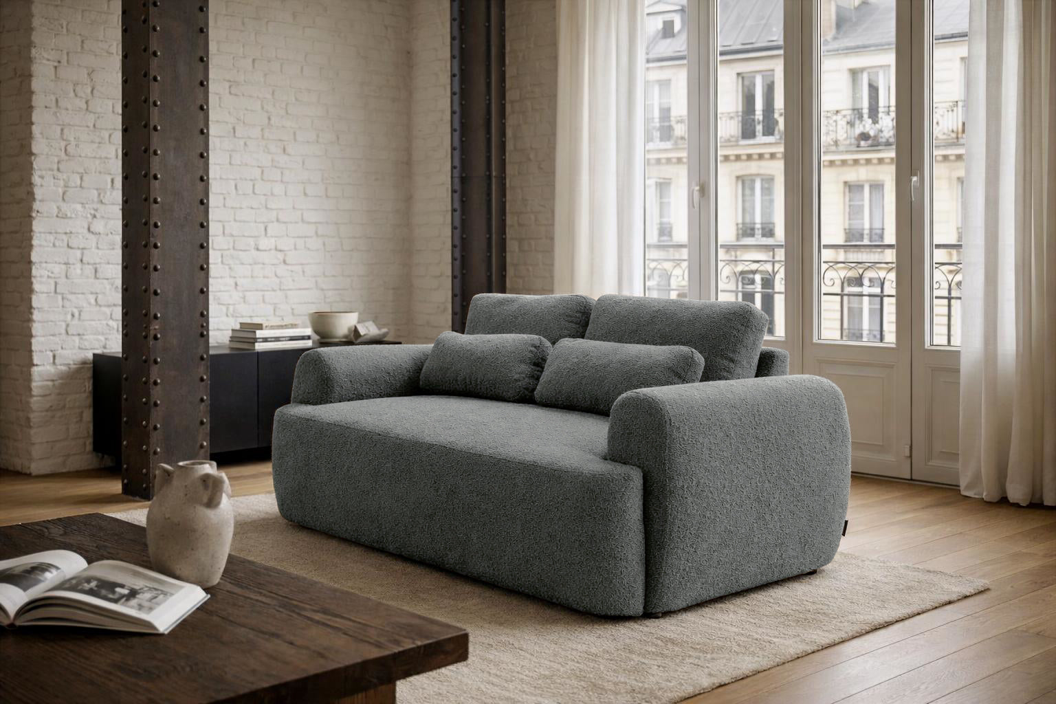 Canapé droit Oberkampf en tissu bouclette anthracite Paname Avenue, dans un décor inspire au quartier parisien