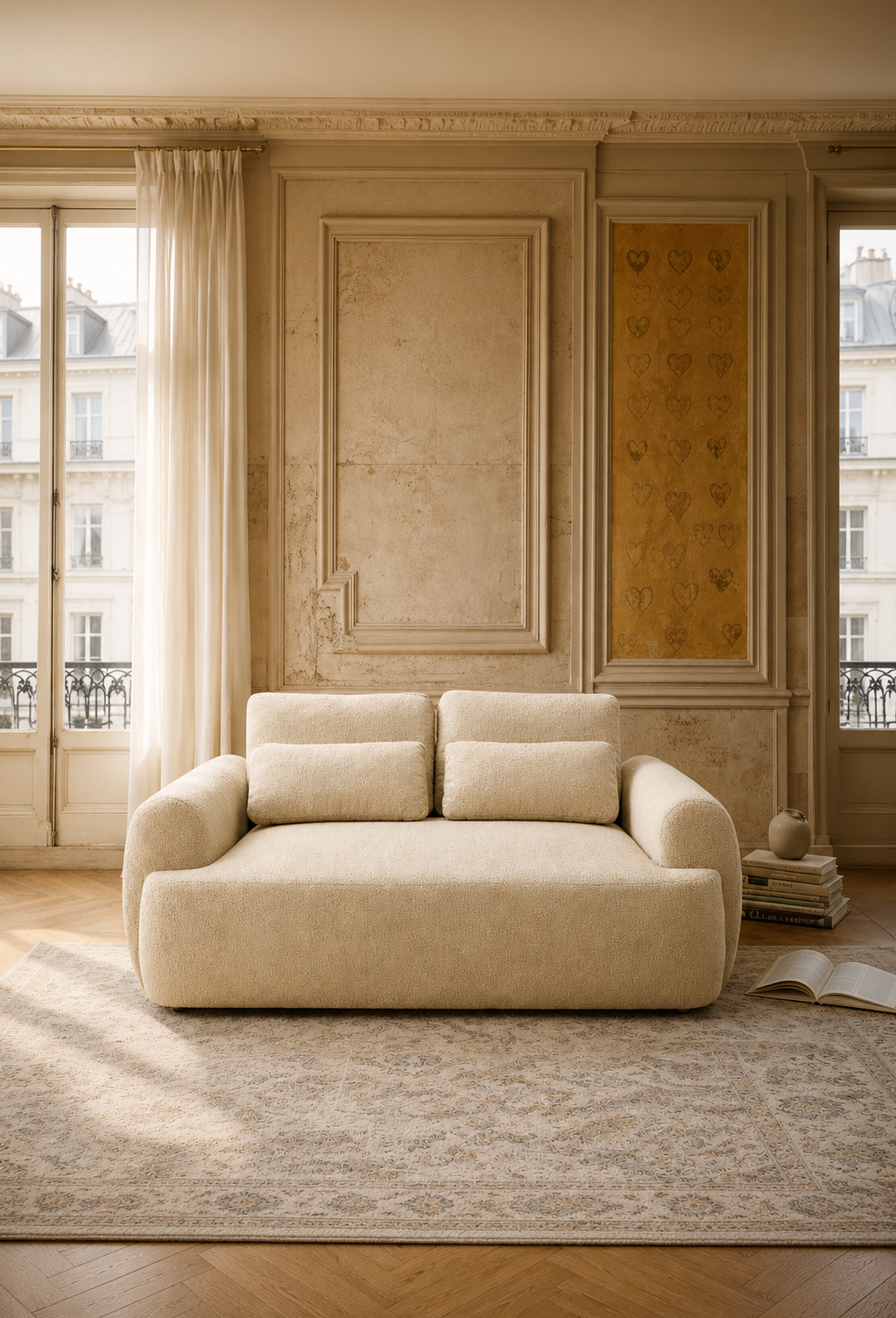 Canapé droit Oberkampf en tissu bouclette beige dans un salon haussmannien lumineux avec parquet point de Hongrie, tapis élégant et décoration aux tons naturels