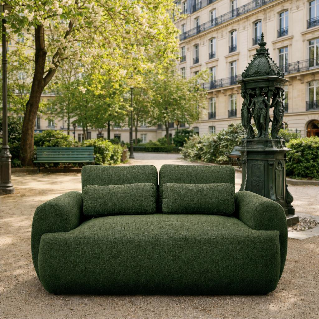 Canapé droit Oberkampf dans un jardin public parisien à coté d'une fontaine Wallace à Paris