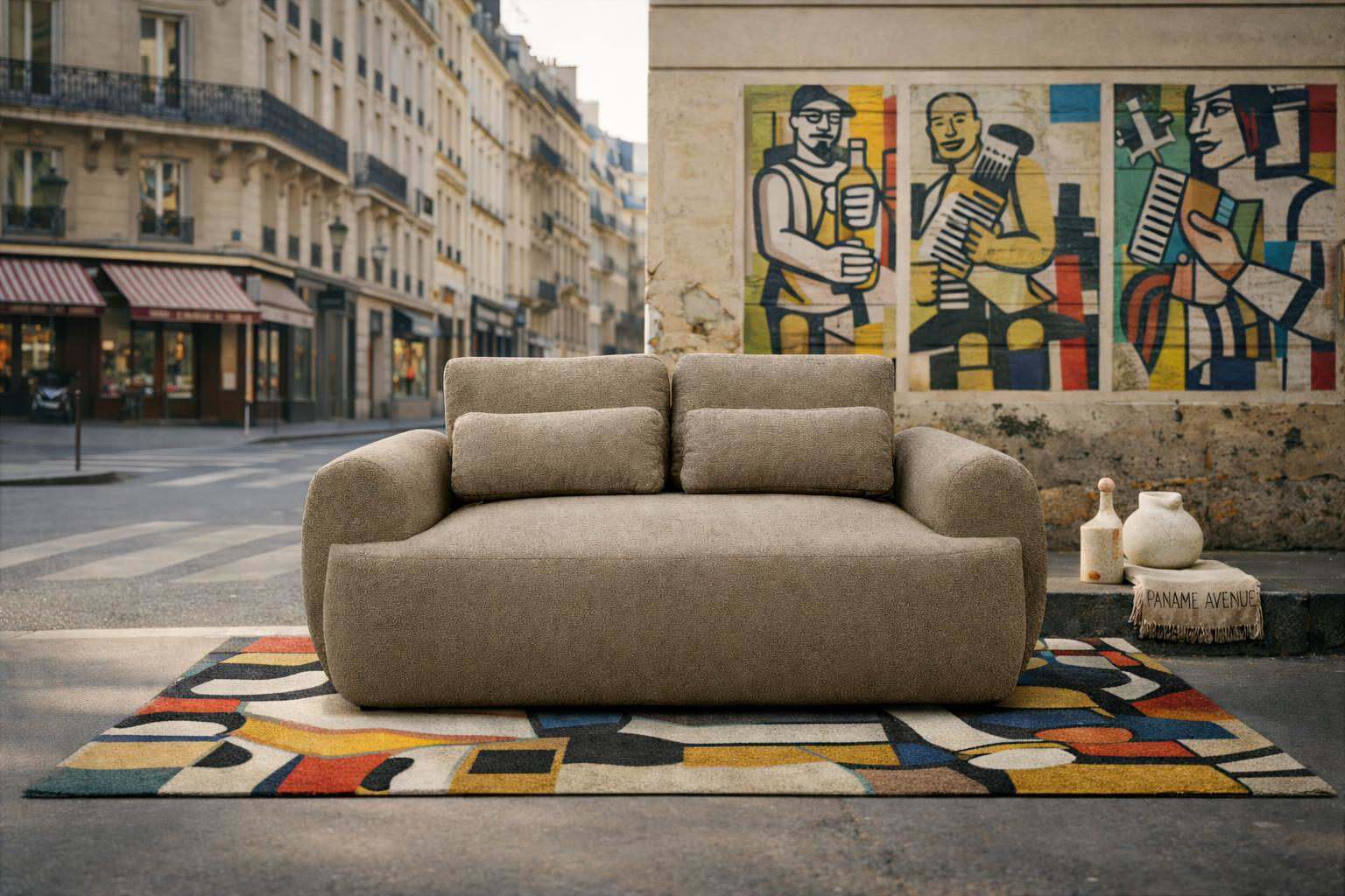 Canapé droit Oberkampf posé sur un tapis graphique dans une rue de Paris 