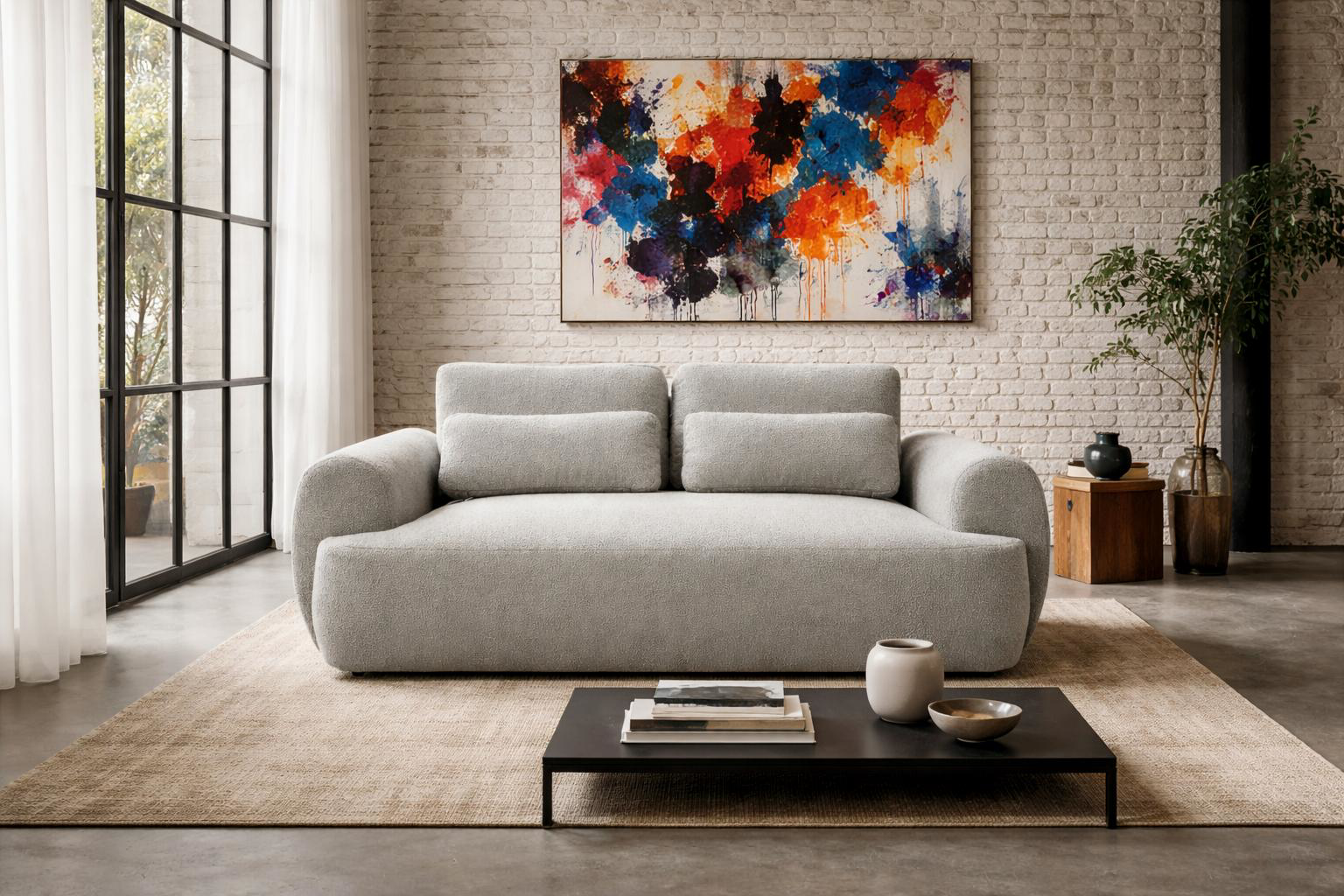 Canapé droit Oberkampf en tissu bouclette dans un salon d’appartement parisien