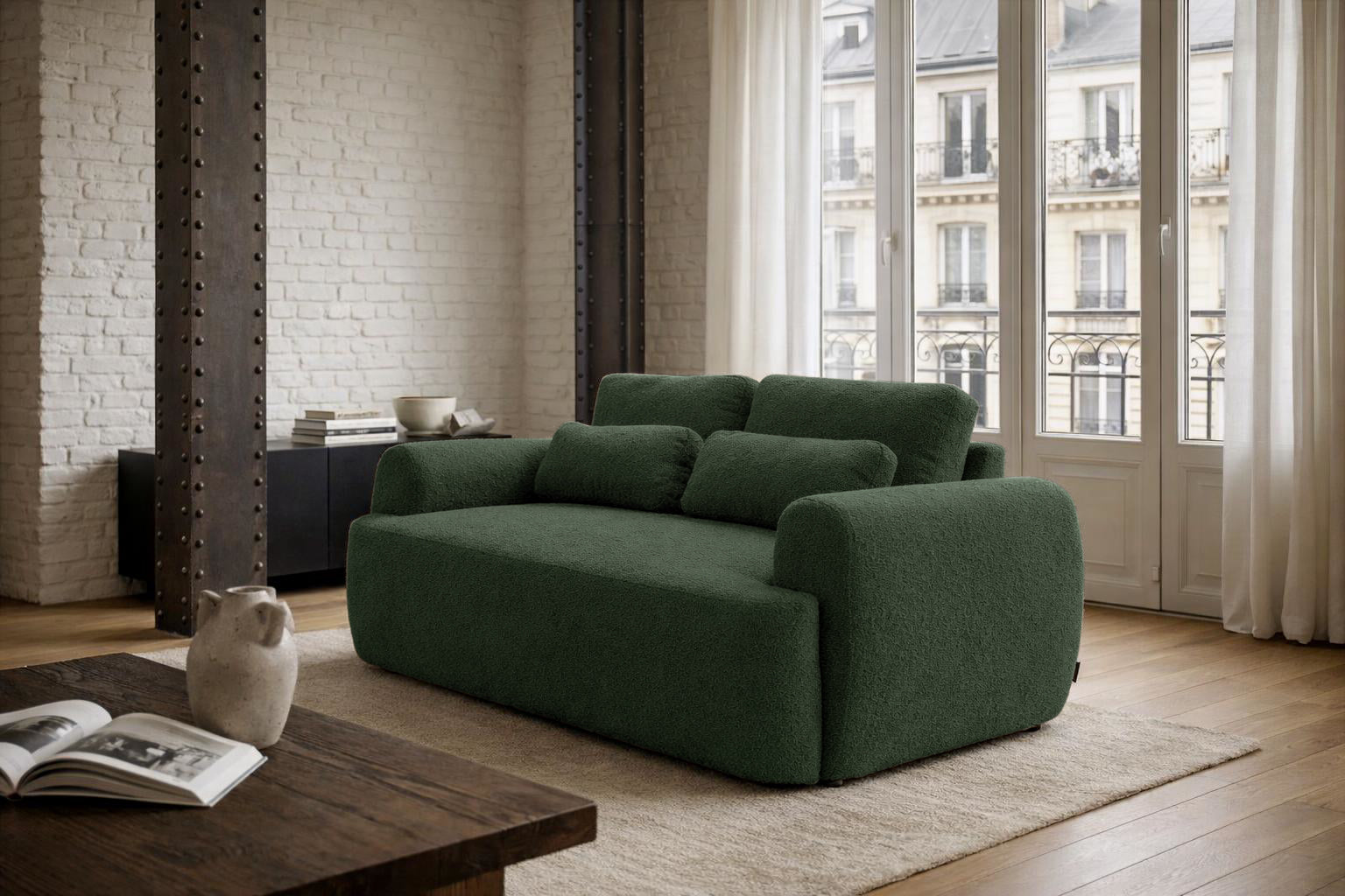 Canapé droit Oberkampf en tissu bouclette vert Paname Avenue, dans un décor inspire au quartier parisien