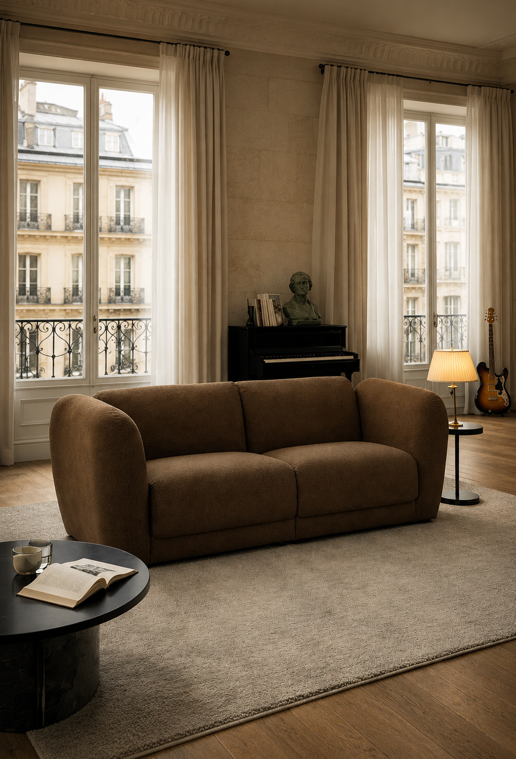 Canapé Pigalle 3 places en tissu bouclette marron dans un salon parisien élégant avec tapis texturé, parquet en bois et ambiance artistique chaleureuse