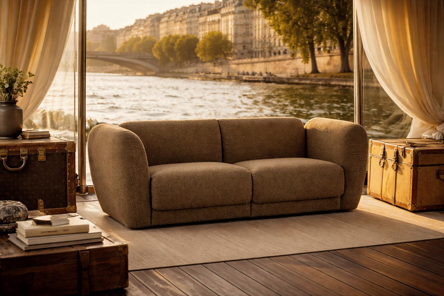 Canapé droit Pigalle en bordure de quai de Seine sous le soleil de fin de journée 