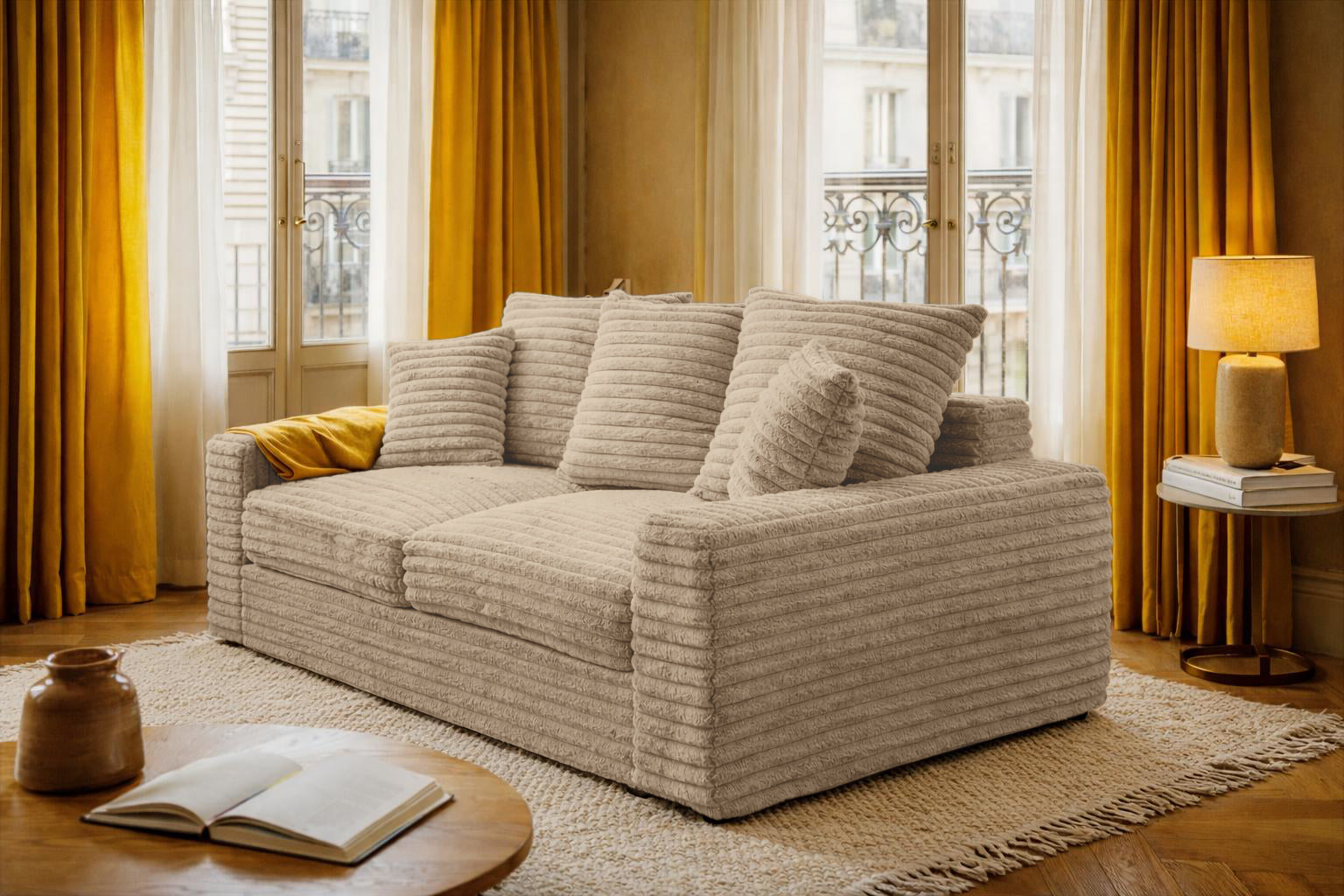 Canapé droit Poissonnière en tissu gros velours côtelé beige Paname Avenue, dans un décor inspire au quartier parisien