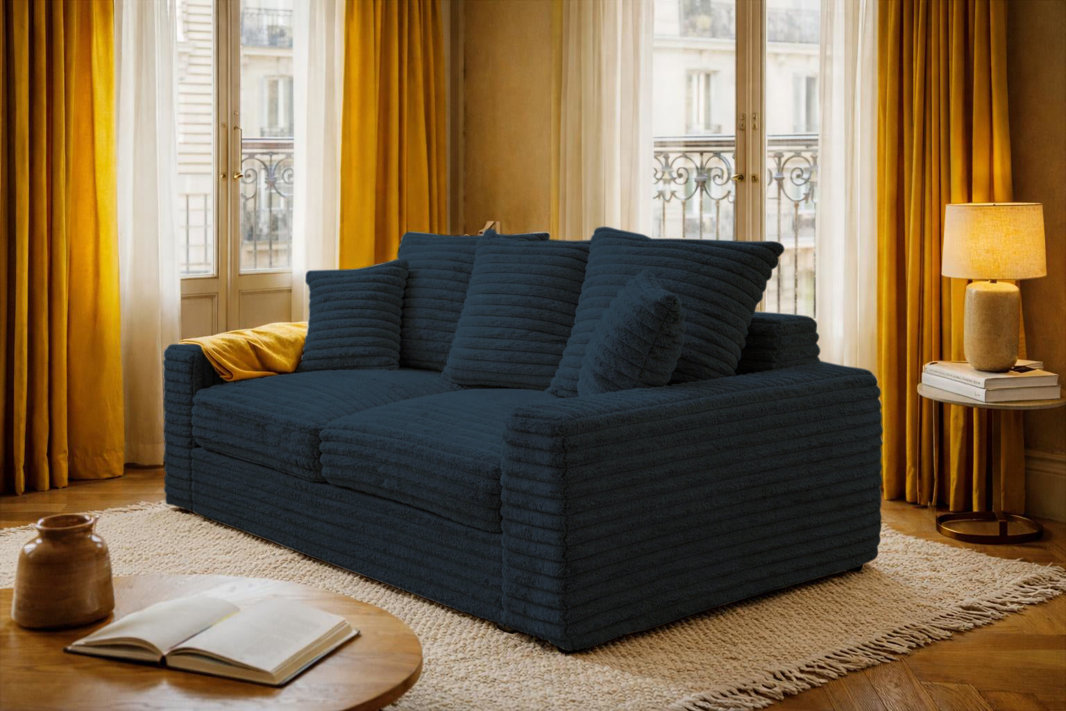 Canapé droit Poissonnière en tissu gros velours côtelé bleu Paname Avenue, dans un décor inspire au quartier parisien