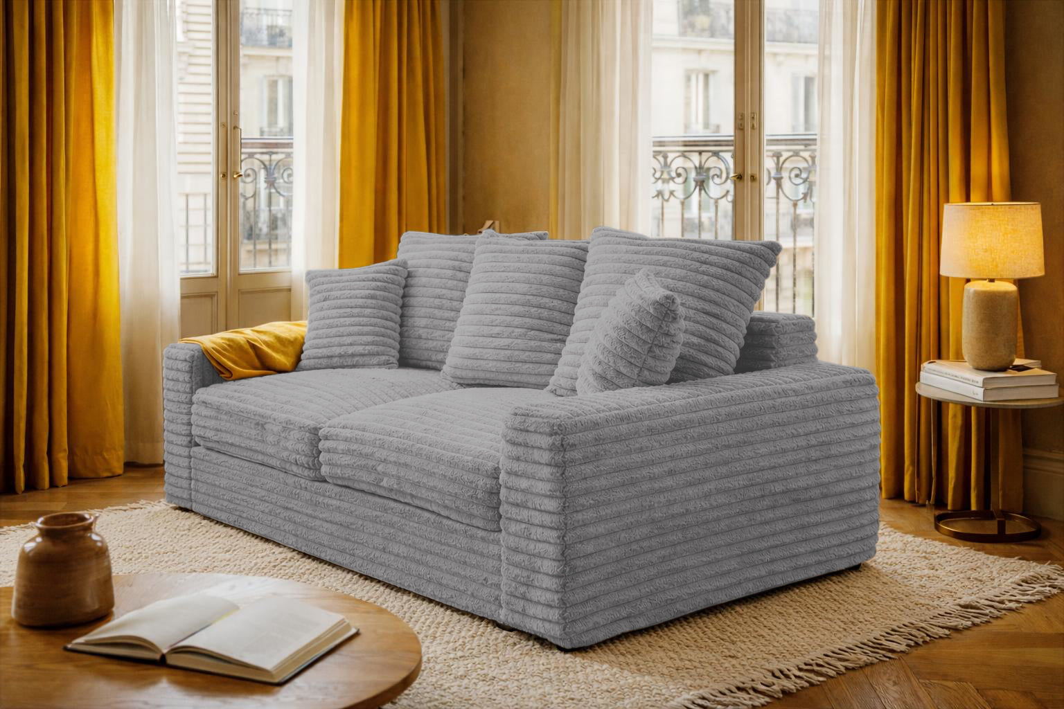 Canapé droit Poissonnière en tissu gros velours côtelé gris clair Paname Avenue, dans un décor inspire au quartier parisien