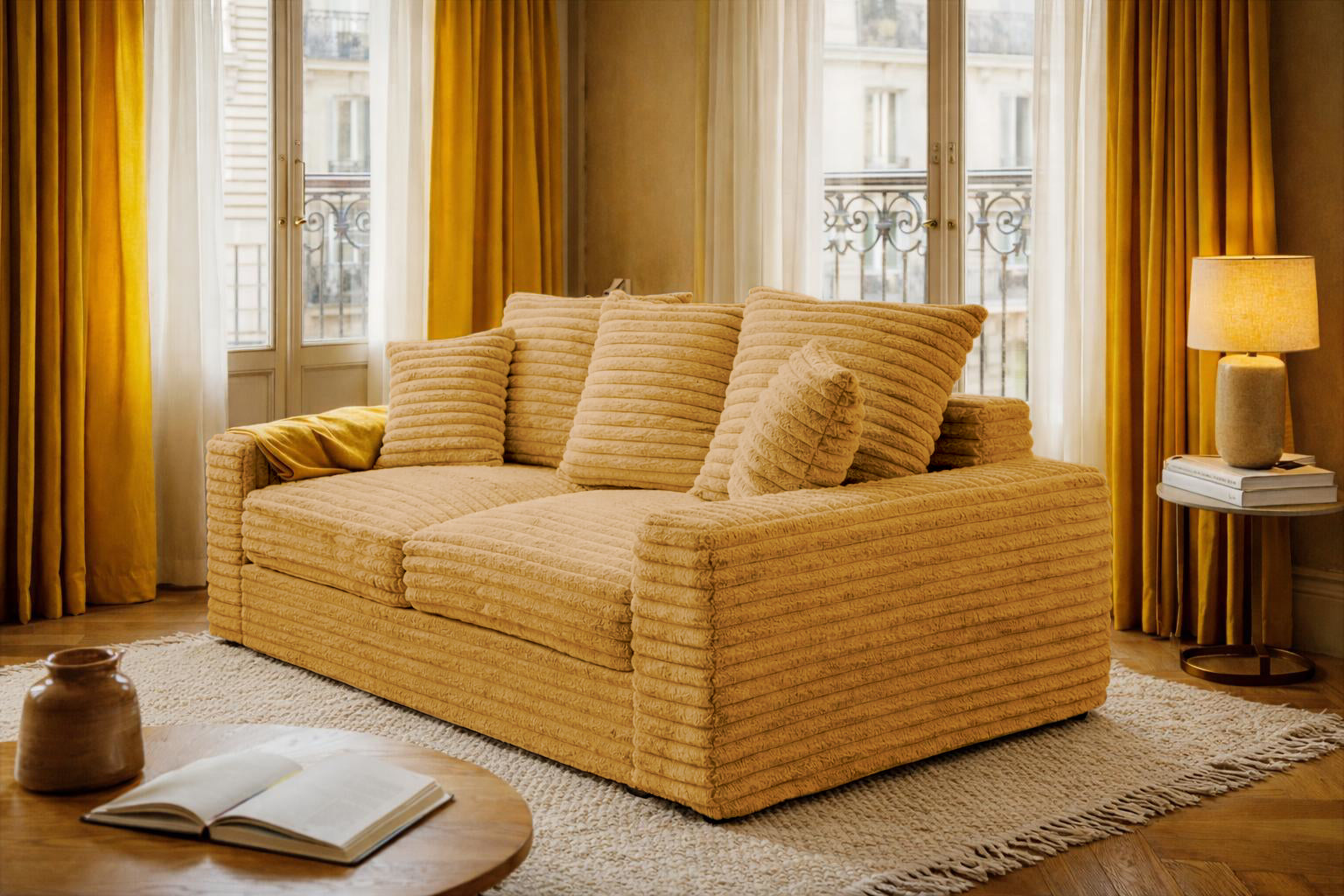 Canapé droit Poissonnière en tissu gros velours côtelé jaune Paname Avenue, dans un décor inspire au quartier parisien