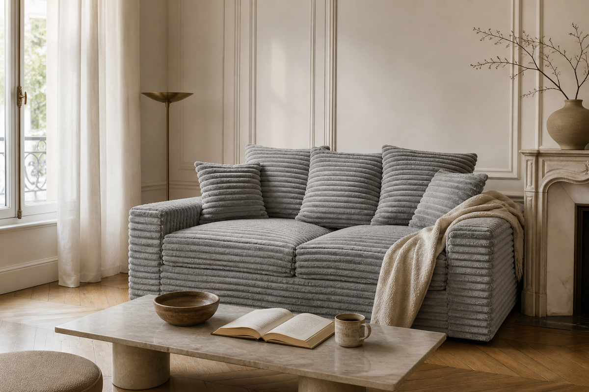 Canapé Poissonnière Paname Avenue gris clair en velours côtelé dans un salon parisien raffiné, baigné d’une lumière naturelle douce, avec table basse, livre ouvert, tasse, céramique artisanale et plaid beige.