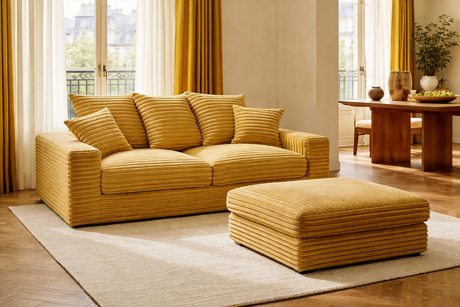 Canapé droit Poissonnière avec pouf Norvins Paname Avenue en velours côtelé dans un salon lumineux avec parquet, grandes fenêtres et ambiance chaleureuse contemporaine