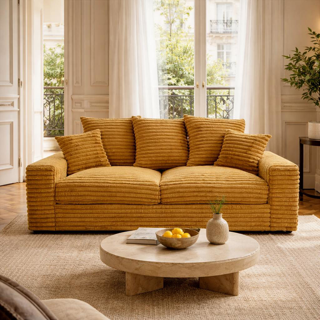 Canapé 3 places Poissonnière en velours côtelé jaune dans salon haussmannien parisien lumineux