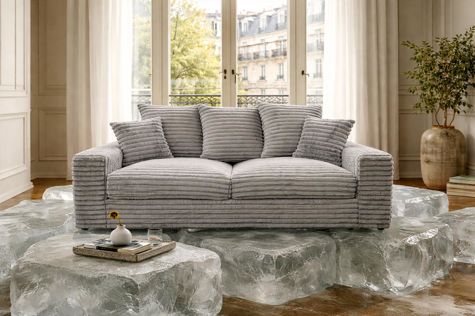 Canapé droit Poissonnière de Paname Avenue posé sur des blocs effet glaçons dans un salon haussmannien