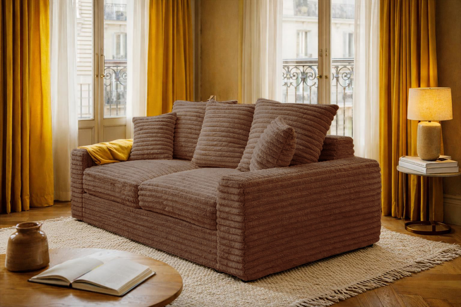 Canapé droit Poissonnière en tissu gros velours côtelé terracotta Paname Avenue, dans un décor inspire au quartier parisien