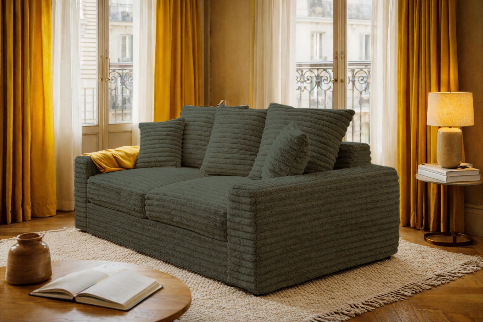 Canapé droit Poissonnière en tissu gros velours côtelé vert Paname Avenue, dans un décor inspire au quartier parisien