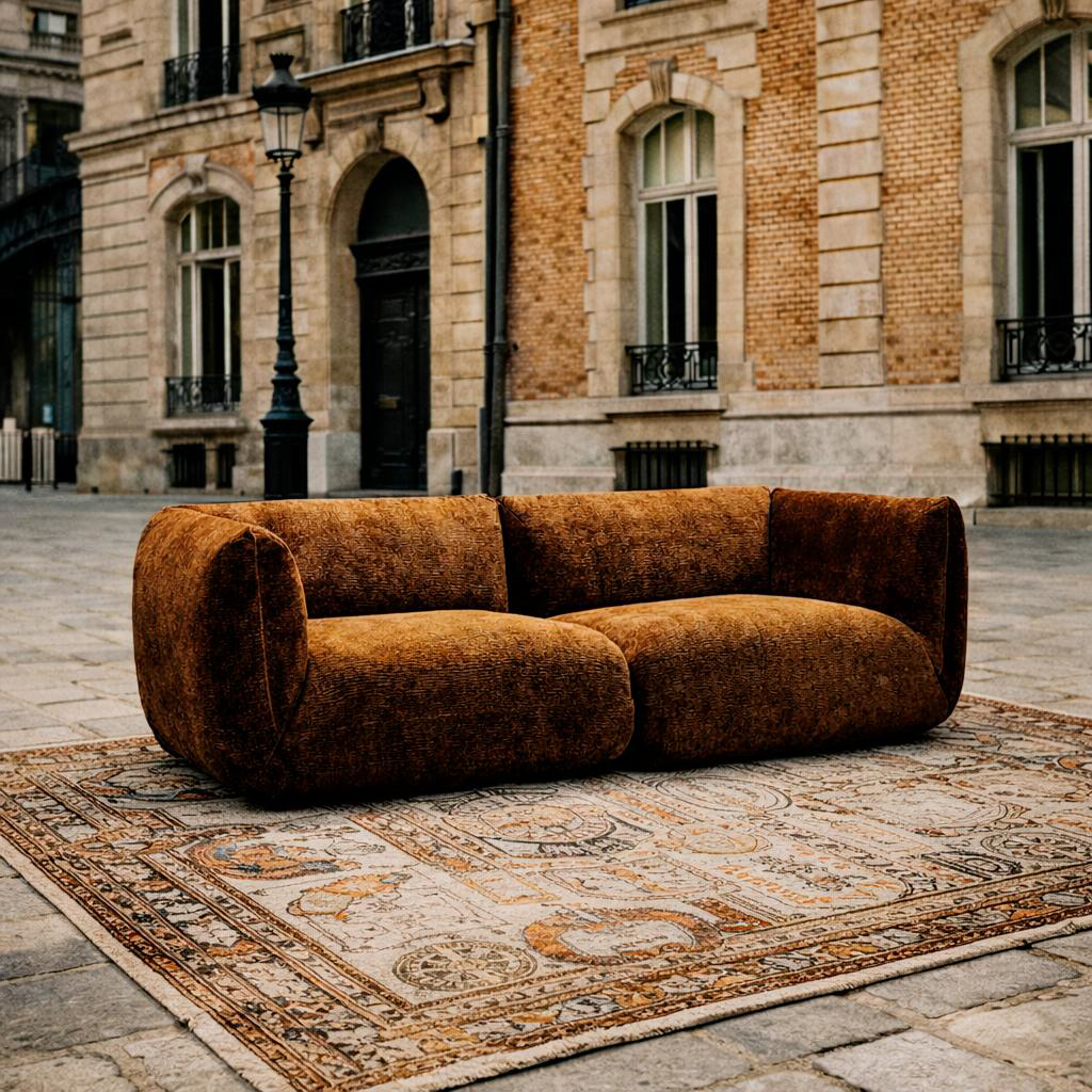 Canapé droit Portefoin  de Paname Avenue dans un décor parisien extérieur du quartier Arts et Metiers