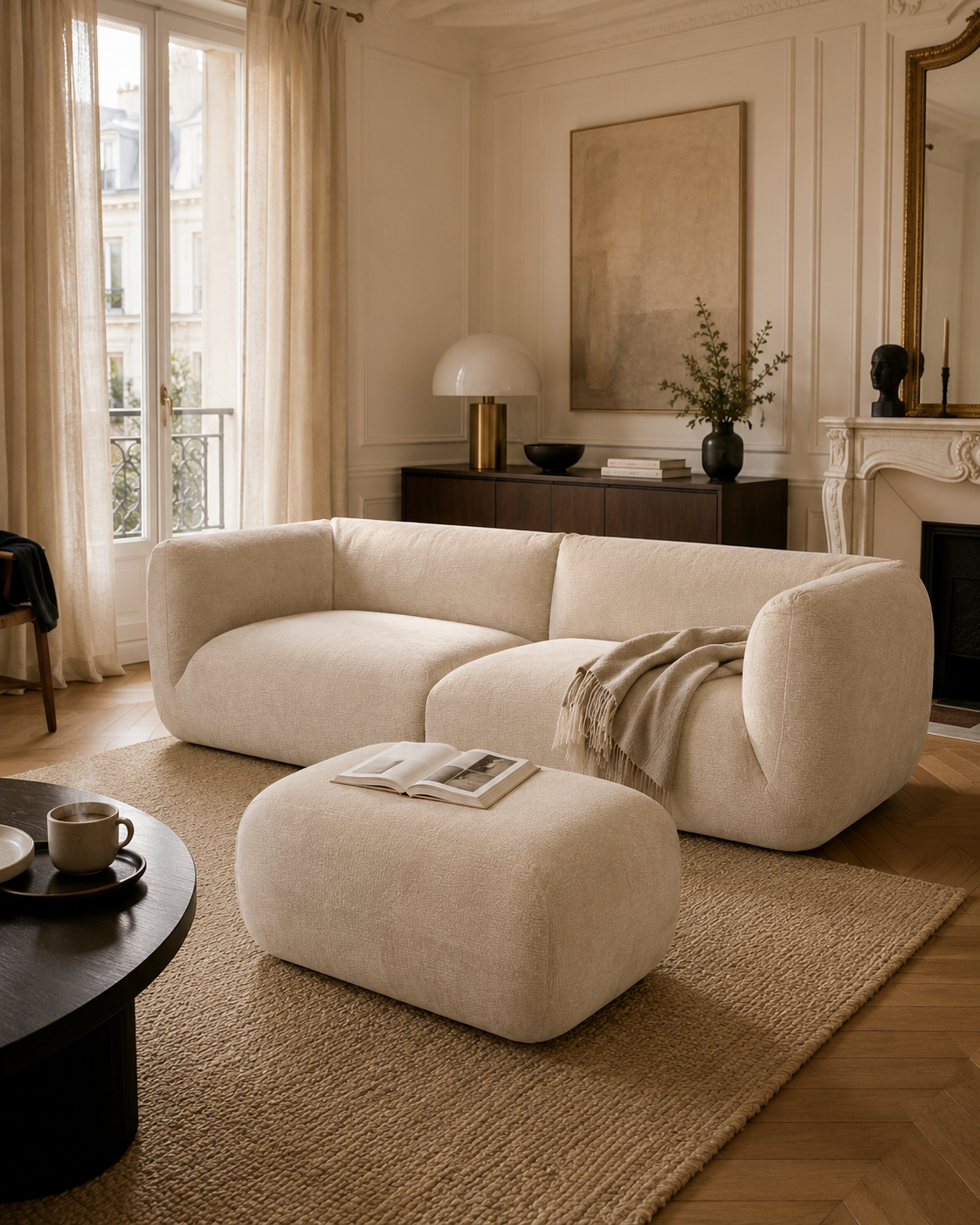 Canapé droit Portefoin et pouf Blainville dans un intérieur parisien chic de type Haussmannien