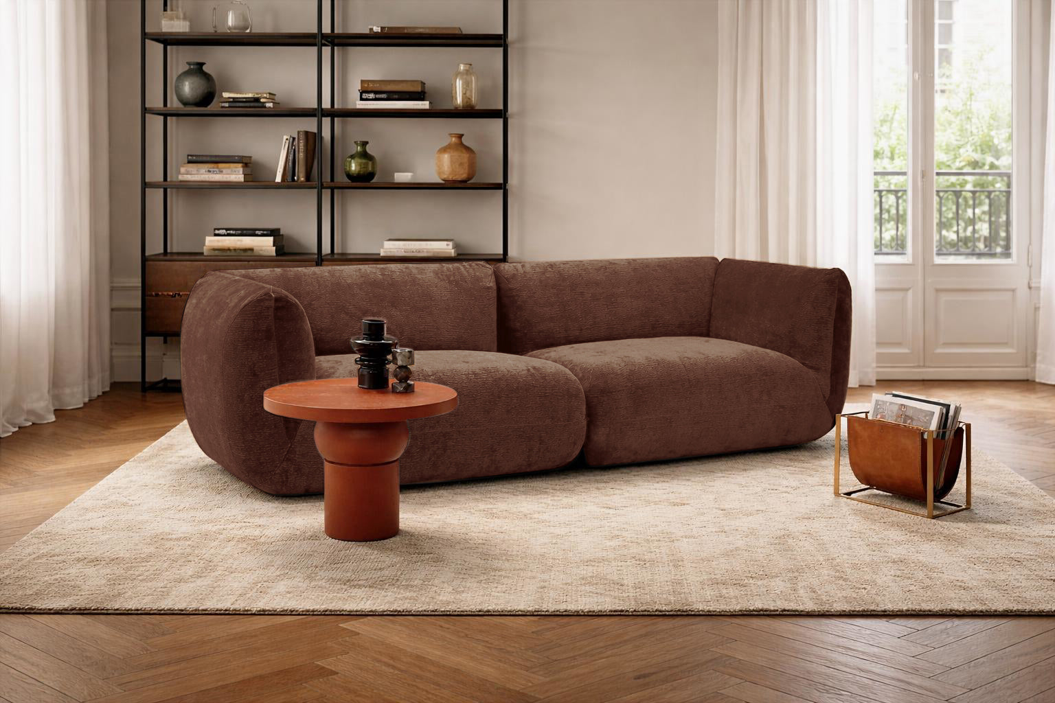 Canapé droit Portefoin en tissu chenille marron Paname Avenue, dans un décor inspire au quartier parisien