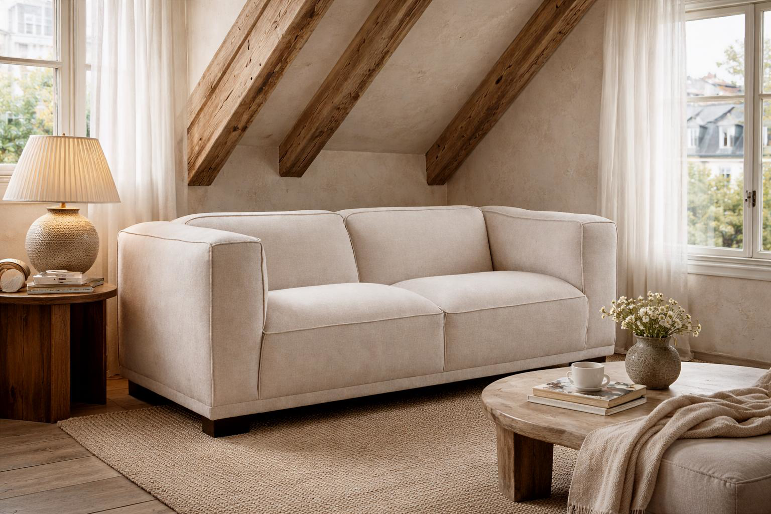 Canapé droit Poulbot en tissu chenille beige Paname Avenue, dans un décor inspire au quartier parisien