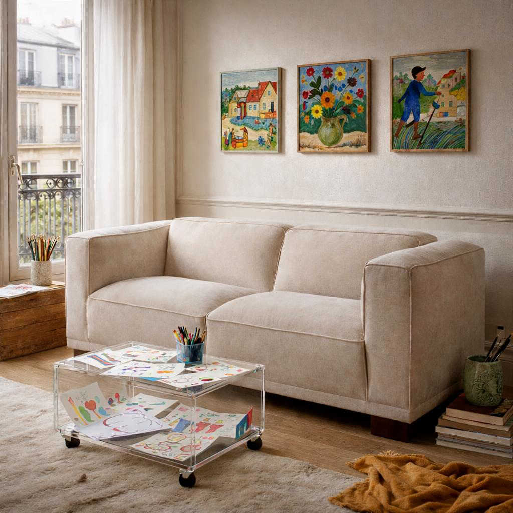 Canapé droit Poulbot Paname Avenue placé dans un salon lumineux près d’une fenêtre parisienne. Devant, une table basse transparente contient des dessins d’enfants et des crayons.