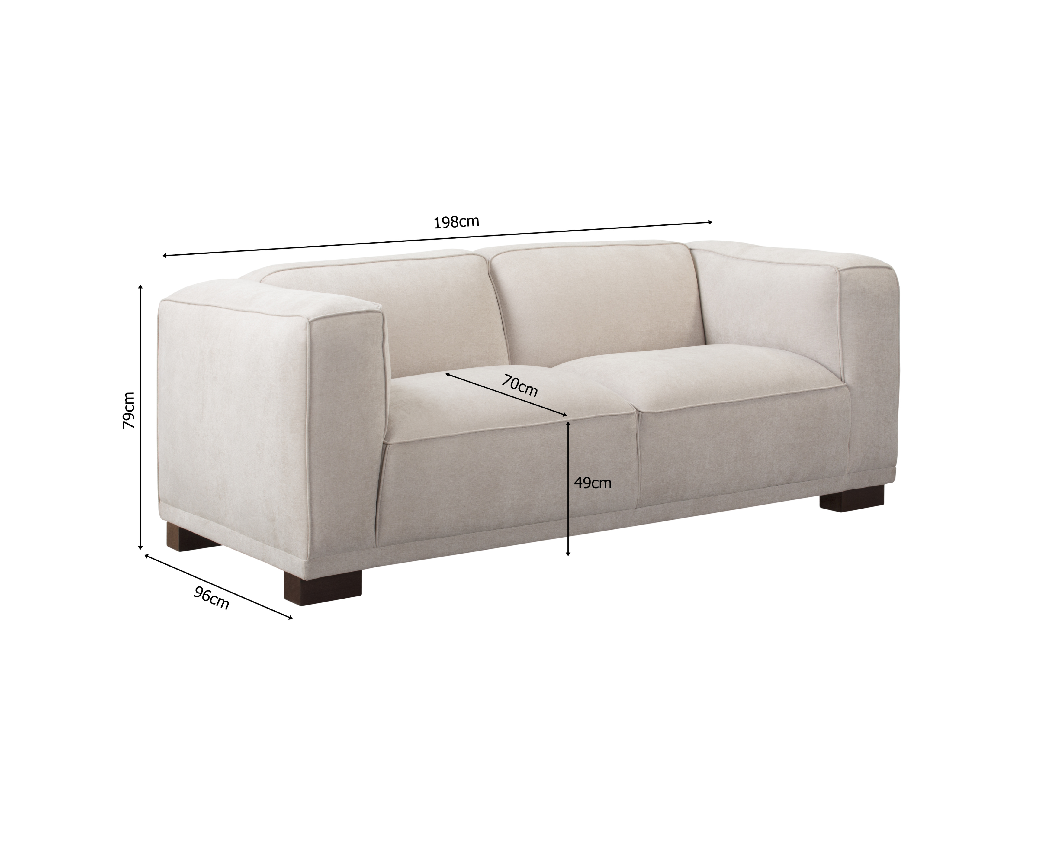 Canapé droit Poulbot en tissu chenille beige Paname Avenue, schéma des dimensions