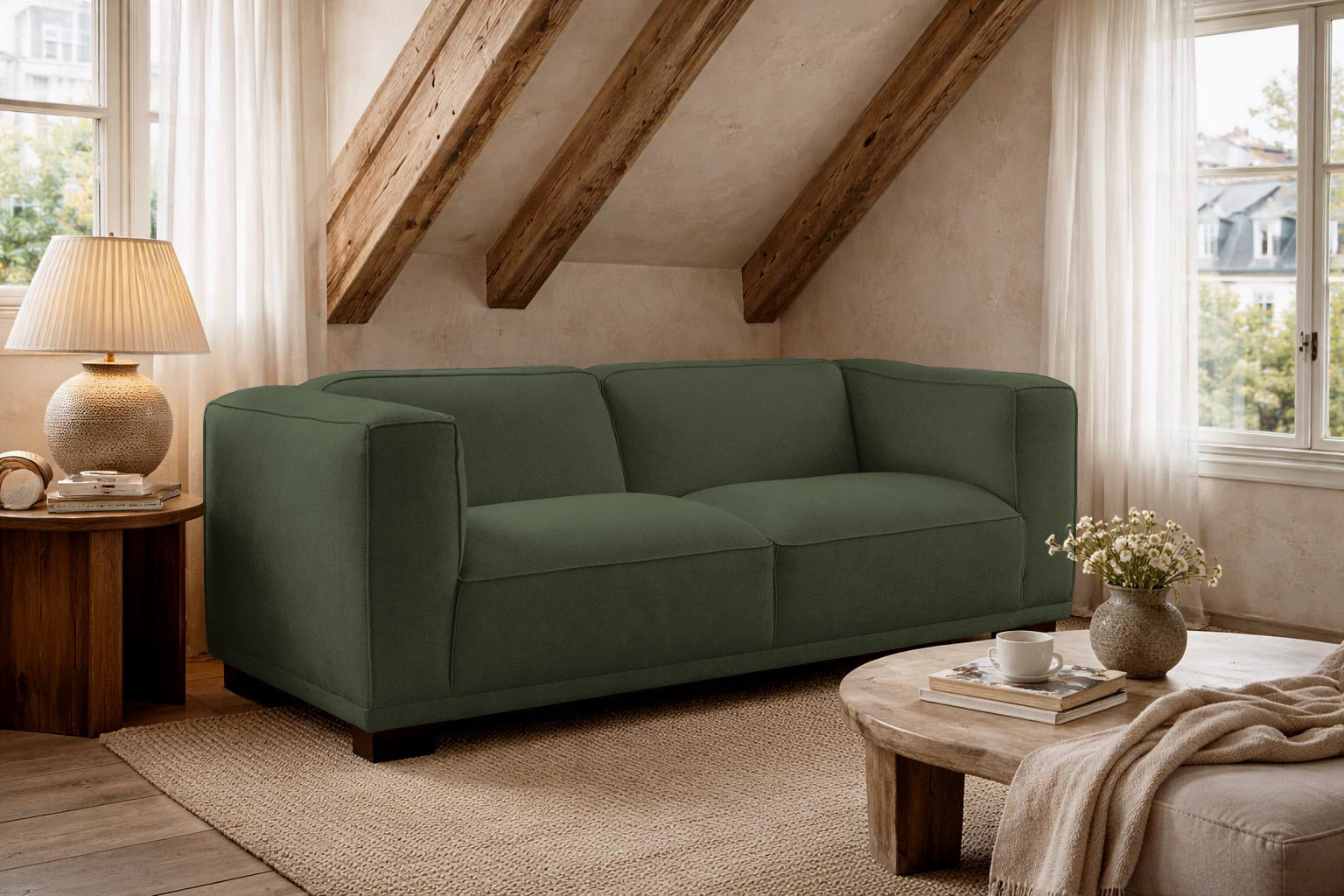 Canapé droit Poulbot en tissu chenille vert Paname Avenue, dans un décor inspire au quartier parisien