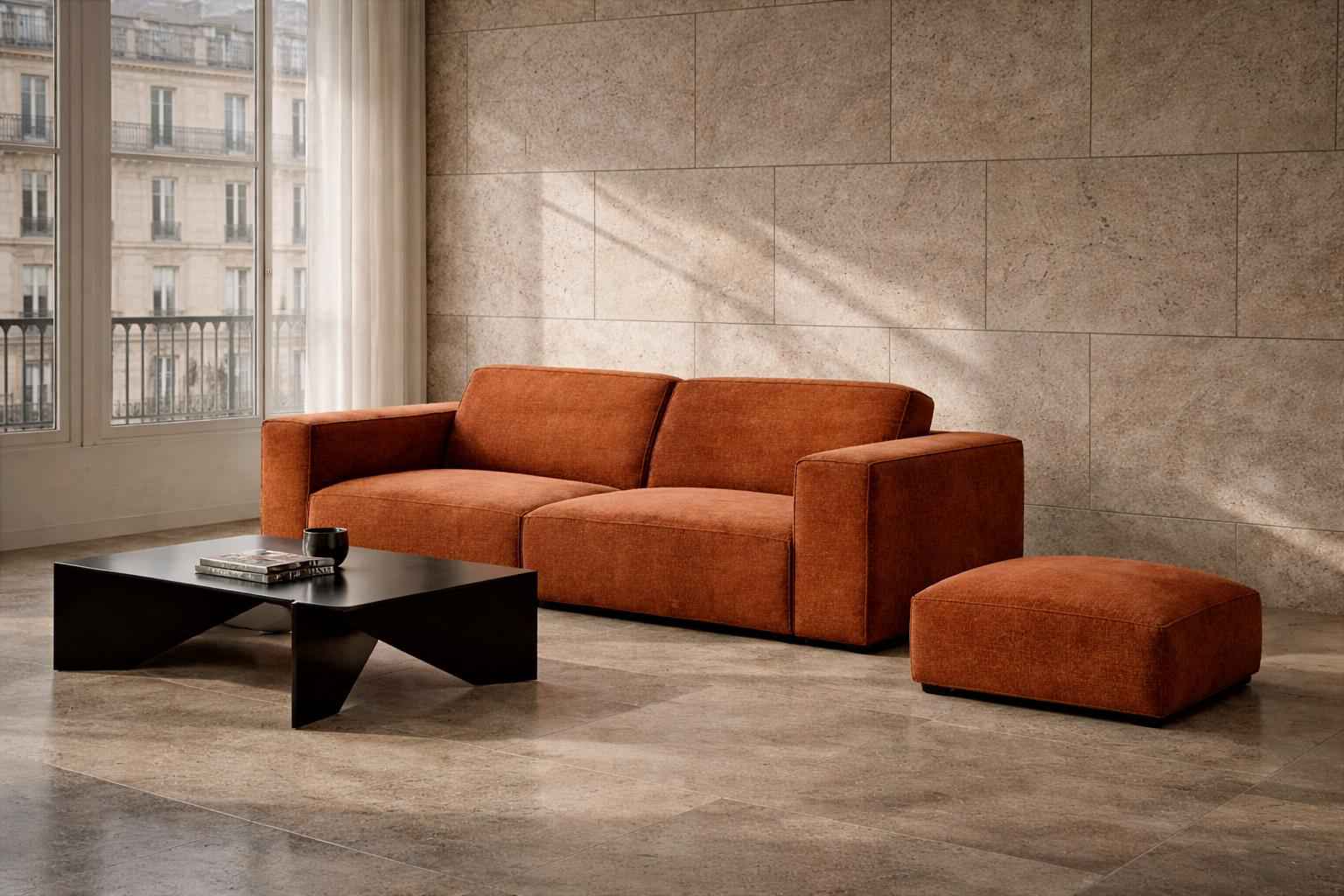 Canapé droit Pyramides avec pouf Écouffes Paname Avenue en tissu velours terracotta dans un intérieur minimaliste avec mur en pierre, table basse noire et lumière naturelle douce