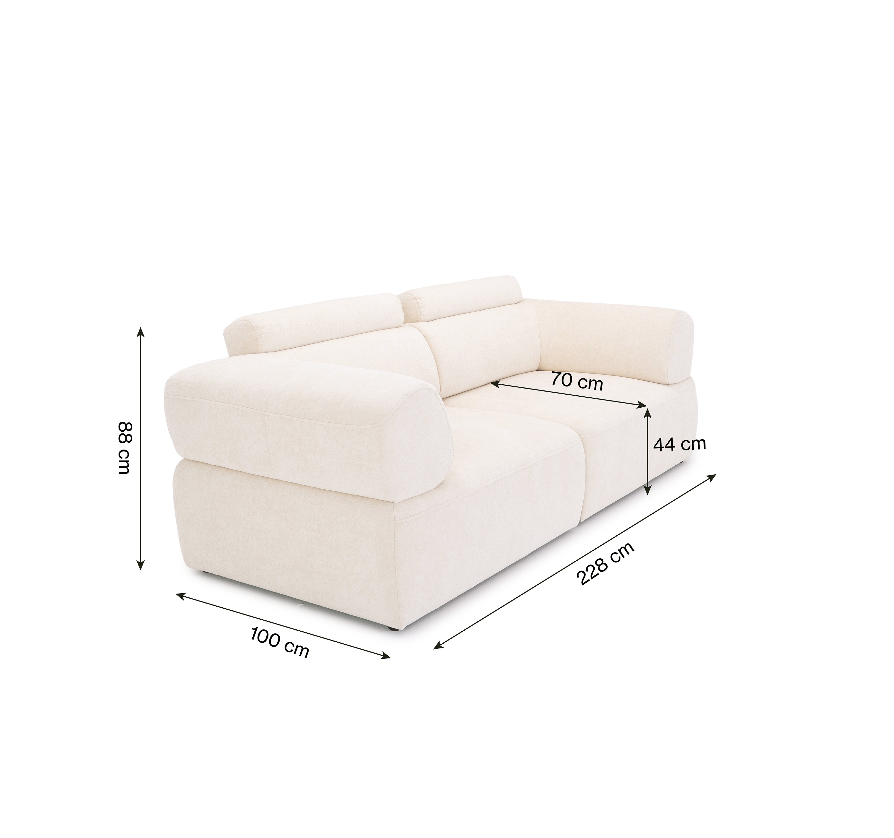 Canapé droit Réaumur en tissu chenille beige Paname Avenue, schéma des dimensions