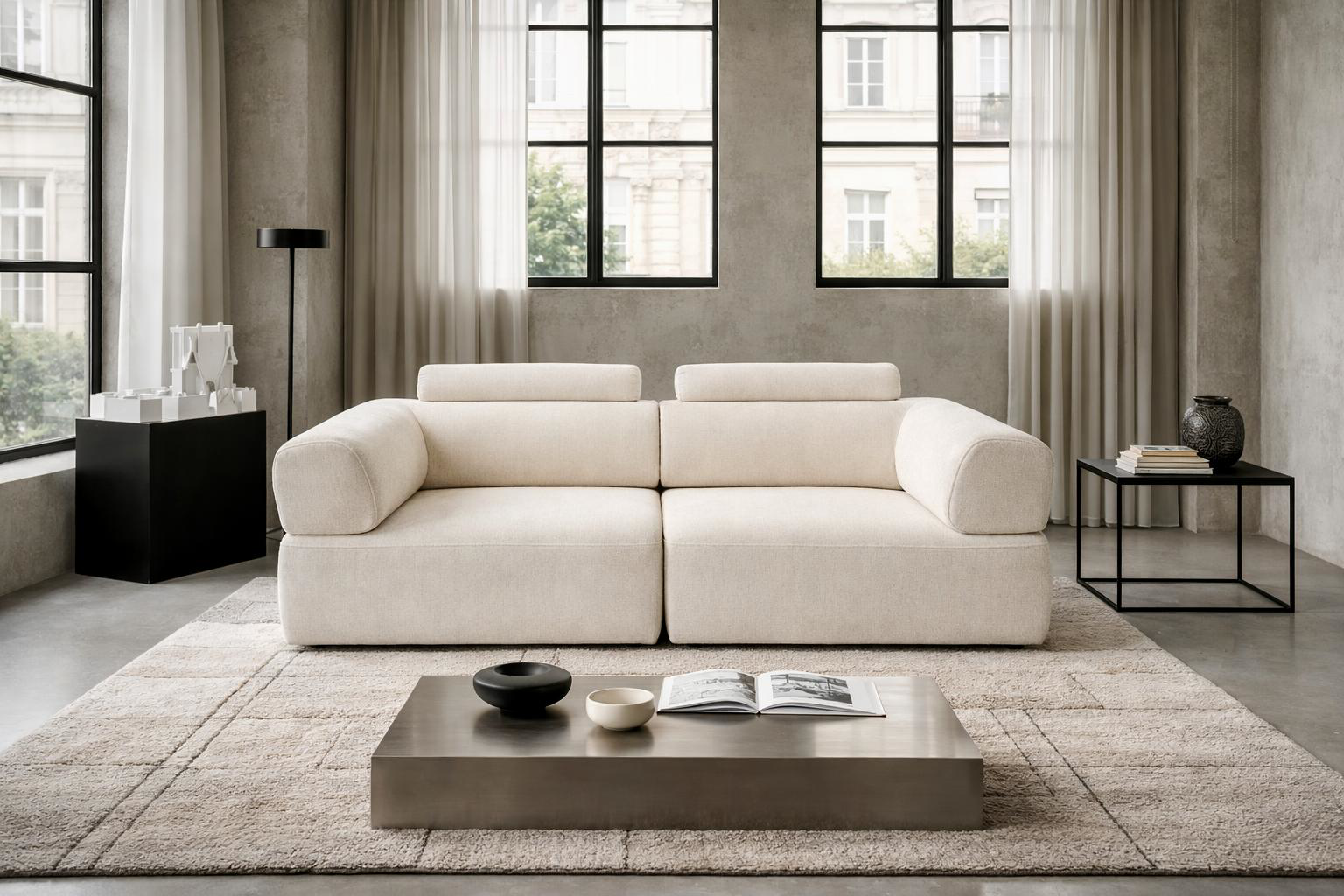 Canapé droit Réaumur en tissu chenille beige dans un intérieur parisien lumineux et minimaliste