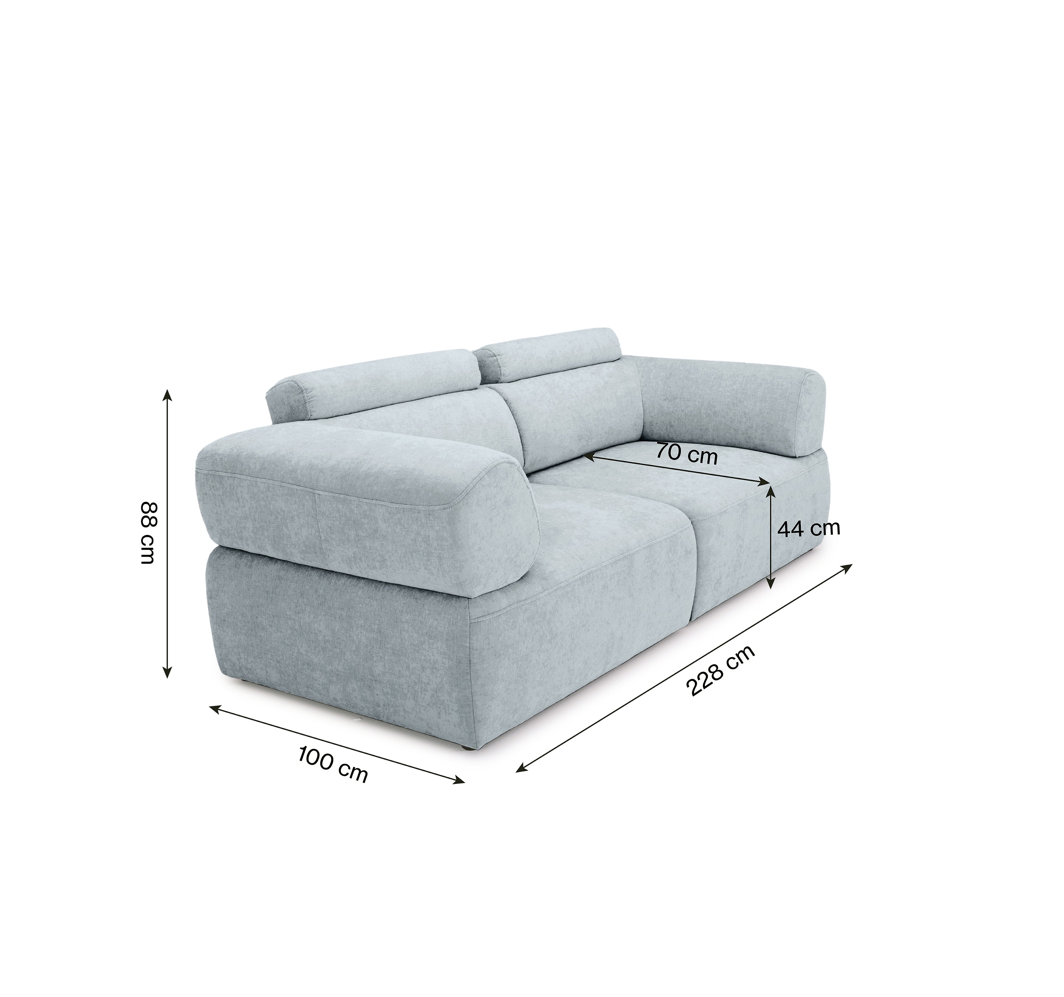 Canapé droit Réaumur en tissu chenille gris Paname Avenue, schéma des dimensions
