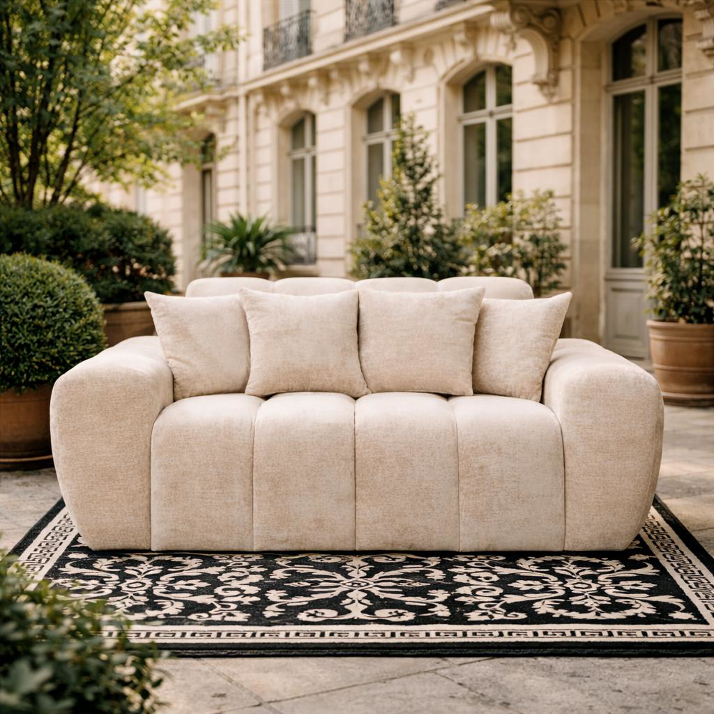 Canapé droit Saint André des Arts de Paname Avenue dans un décor parisien extérieur du quartier Rive Gauche