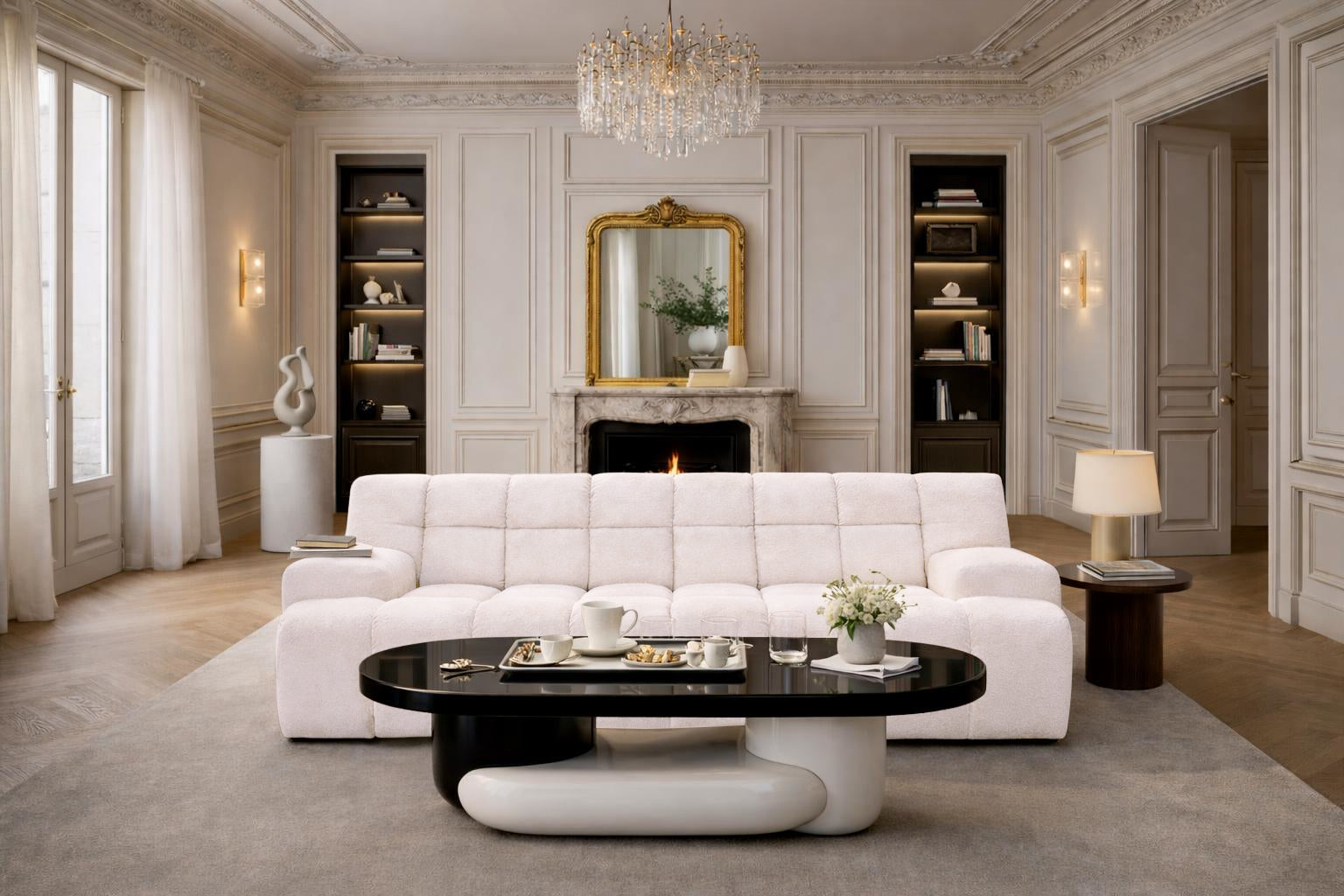 Canapé droit Saint-Honoré en tissu chenille crème Paname Avenue, dans un décor inspire au quartier parisien