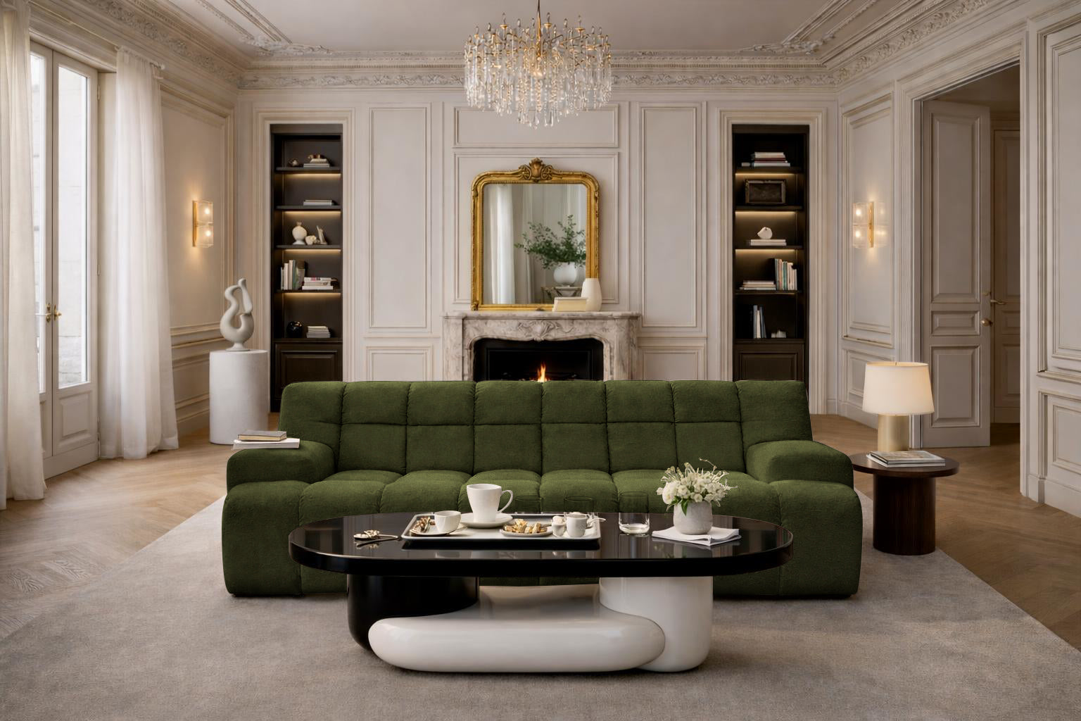 Canapé droit Saint-Honoré en tissu chenille vert olive Paname Avenue, dans un décor inspire au quartier parisien