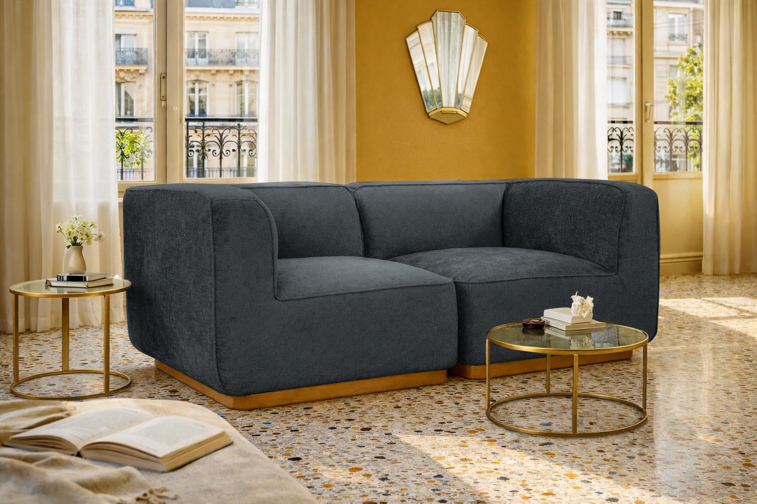 Canapé droit Saint-Maur en tissu chenille anthracite Paname Avenue, dans un décor inspire au quartier parisien