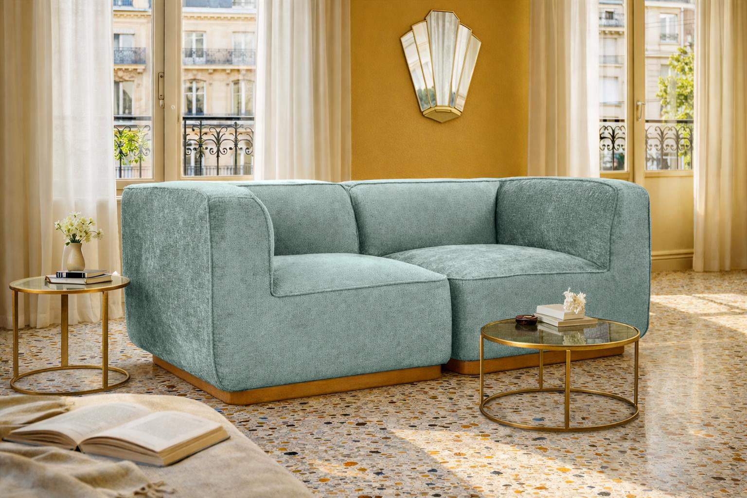 Canapé droit Saint-Maur en tissu chenille bleu Paname Avenue, dans un décor inspire au quartier parisien